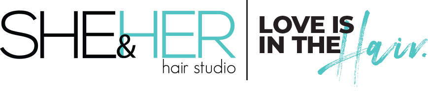 She & Her Hair Studio main logo with "Love is in the Hair" slogan attached